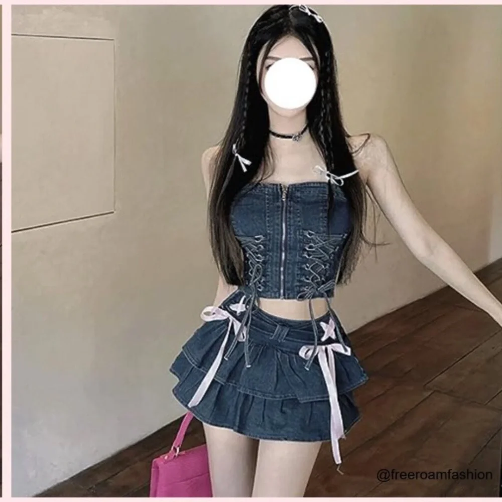 Denim Short Skirt with Elastic Waist Pink Ribbon Trim Ruffle Vintage Style